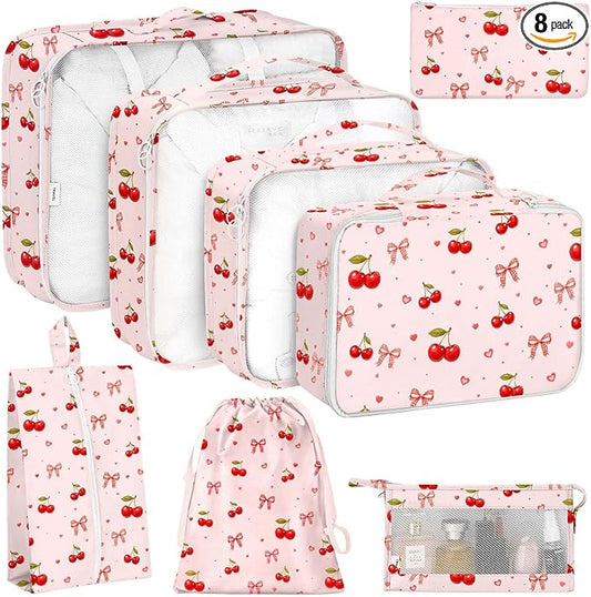 KPX 8 Set Packing Cubes for Travel, Luggage Packing Organizers Accessories Large Toiletries Bag for Clothes Shoes Cosmetics (8Set-Cherry & Bow)