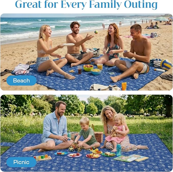 OIGAE Oversized Beach Blanket, 9×10 ft Sand-Free Outdoor Mat for Groups, Quick-Dry Picnic Blanket with Stakes & Corner Pockets,Shell, Blue