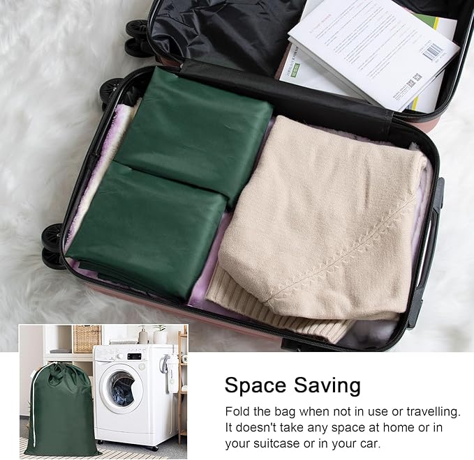 Polecasa Extra Heavy-Duty Laundry Bag 28x36”- Machine Washable Large Storage Bag with Reinforced Handles & Drawstring Closure & ID Tag for College Dorm Travel - Green