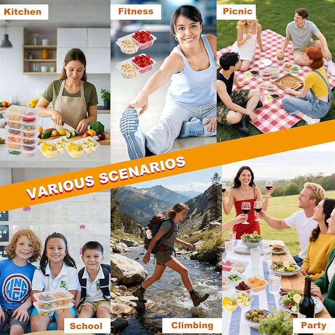 20 Pack 10 OZ Reusable Snack Containers with Lids,Disposable 2-Compartment Snack Pack Containers,Meal Prep Containers for Adults,Sauce Food Container Portion Control Containers for Travel Picnic Work