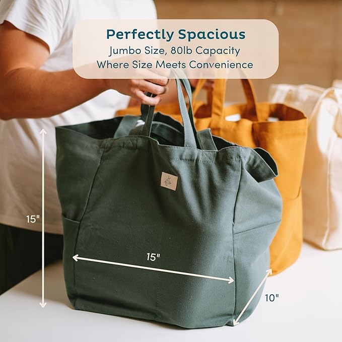 Nook Theory 3-Pack Reusable Grocery Bags - Heavy Duty, Large 12 Oz Cotton Canvas Reusable Shopping Bags With Pockets, 100% Cotton Cloth Grocery Totes, Foldable Multi Compartment (Black)