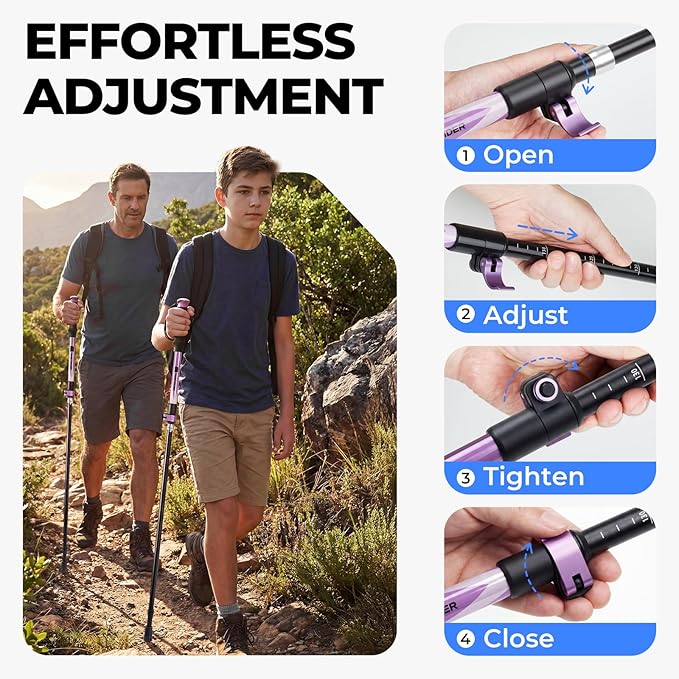 Trekking Poles for Hiking - Collapsible Lightweight 7075 Aluminum Hiking Sticks, 43-53 Inch Adjustable Tri-Fold Walking Poles with Anti-Slip EVA Grip for Men and Women