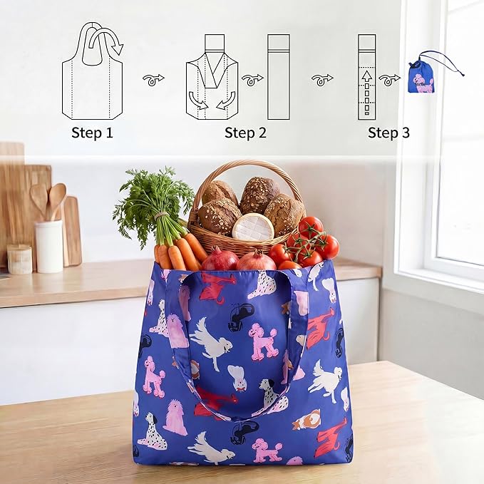 Stelle Lightweight Reusable Grocery Bag with Handles Ripstop Nylon Foldable Tote Shopping Bags for Travel and Groceries