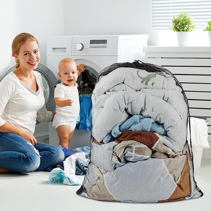 ZHEWTO Large Mesh Laundry Bags: 2 Pack 24" x 36" Heavy Duty Soft Breathable Machine Washable for College Dorm Travel Family Use Black