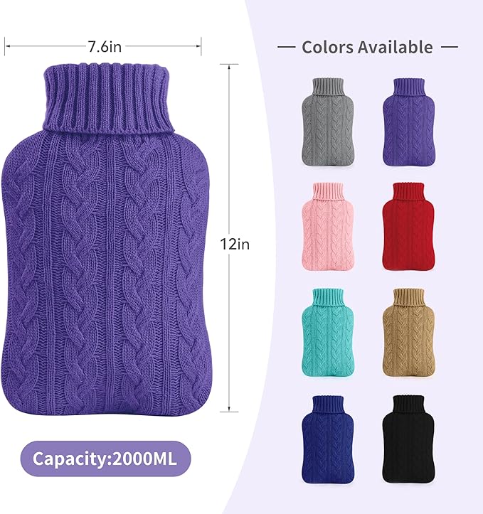 samply Hot Water Bottle with Knitted Cover, 2L Hot Water Bag for Hot and Cold Compress, Hand Feet Warmer, Ideal for Menstrual Cramps, Neck and Shoulder, Purple