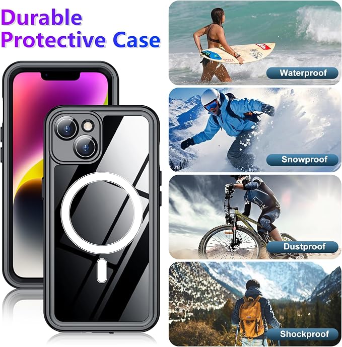 Compatible with iPhone 14 Case Waterproof, Built-in Screen & Camera Protector IP68 Underwater Full Body 14FT Military Dropproof Shockproof Phone Case 6.1"-Black/Clear-Mag