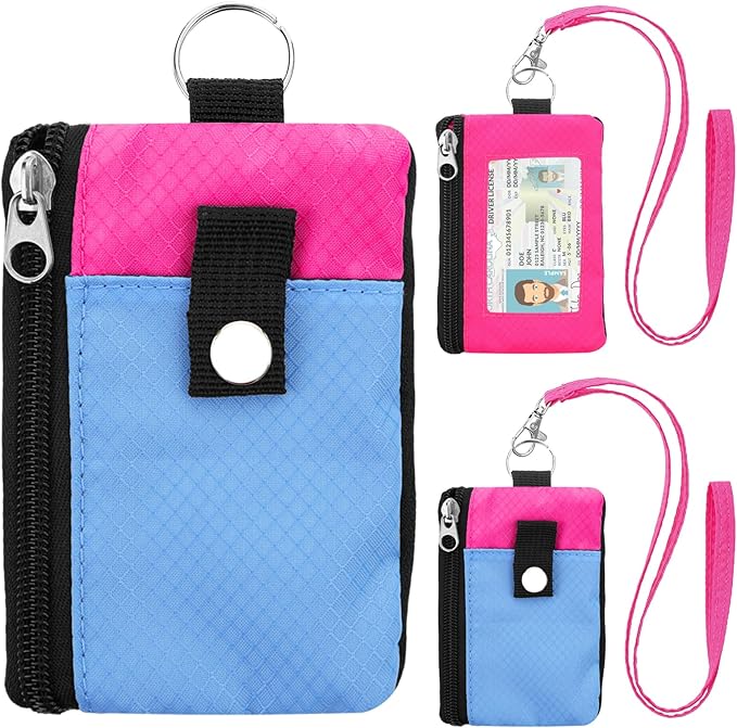 Minimalist Small Wallet for Men Women with 2 Zip Pockets, Multi Functional ID Case with Keychain and Card Holder, Coin Purse Badge Lanyard Pouch for Boys Girls Travel -LightBlue+Rose
