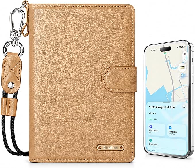 Passport Holder for Travel, Apple MFi Certified Smart Passport Cover Works with Find My, Rechargeable Travel Wallet with Lanyard, RFID Blocking Card Case, PU Leather, Brown