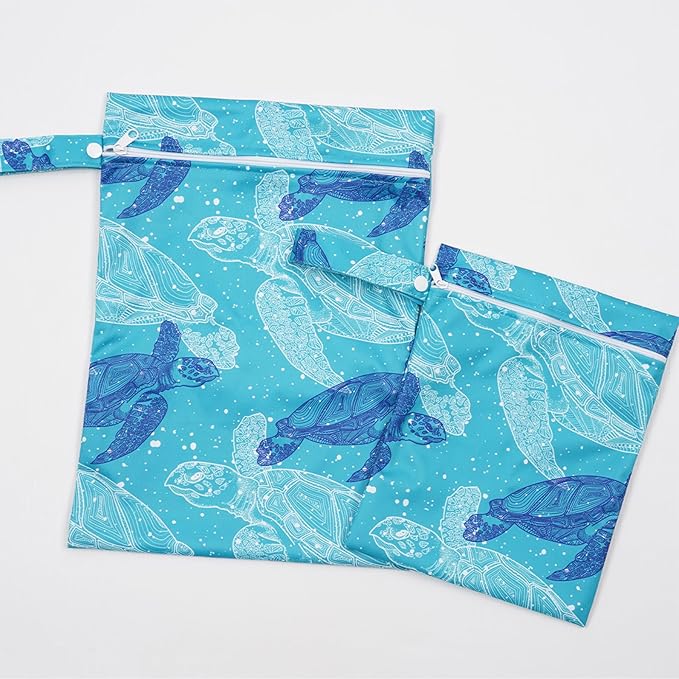 2 Pcs Wet Bags Waterproof Reusable Zippered Pocket Cloth Diaper Wet Dry Bags for Travel Beach Pool Swim, Baby Diapers,Gym Yoga Wet Clothes,Swimsuit,water wipes(Blue turtle)