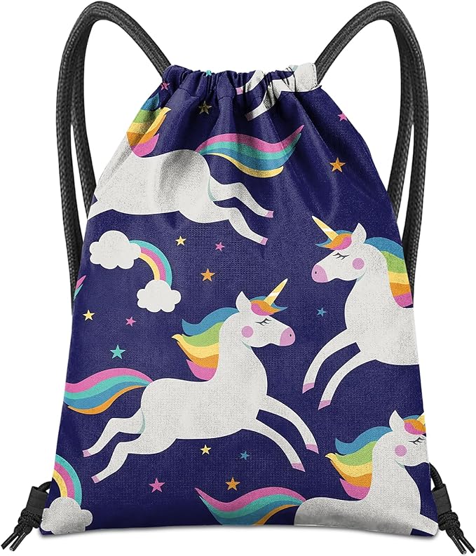 Drawstring Backpack for String Bag Waterproof Cute Sports Beach Swimming Travel (13"×17")-Blue Unicorn