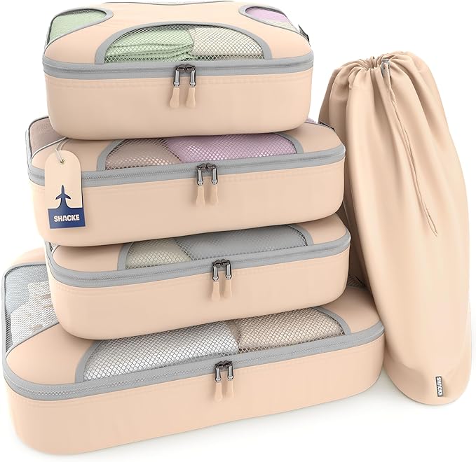 Shacke 5 Set Packing Cubes for Travel – Luggage Organizer & Suitcase Bags with Laundry Bag, Carry On Packing Organizer, Travel Accessories for Women Men (Nude Beige)