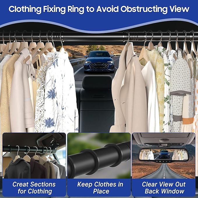 Heavy-Duty Car Clothes Hanger Bar Holds 50 Clothes, Telescopic Clothes Rack for Car Travel (28"-60") Fits Vehicles, SUVs with 2 EVA Anti-Skid Pads & 2 Hook and Loop Straps（Hold Up to 70lbs）