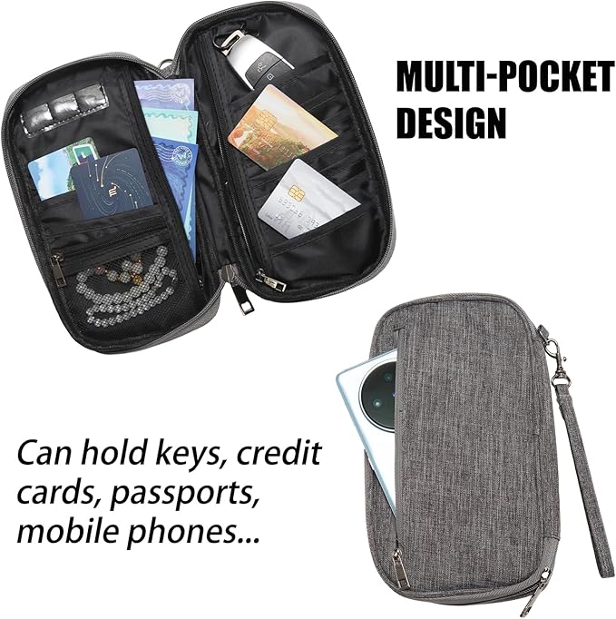 Waterproof Passport Holder for Travel Family, Travel Document Organizer with RFID Blocking, Portable Passport Wallet for Men Women (Grey)