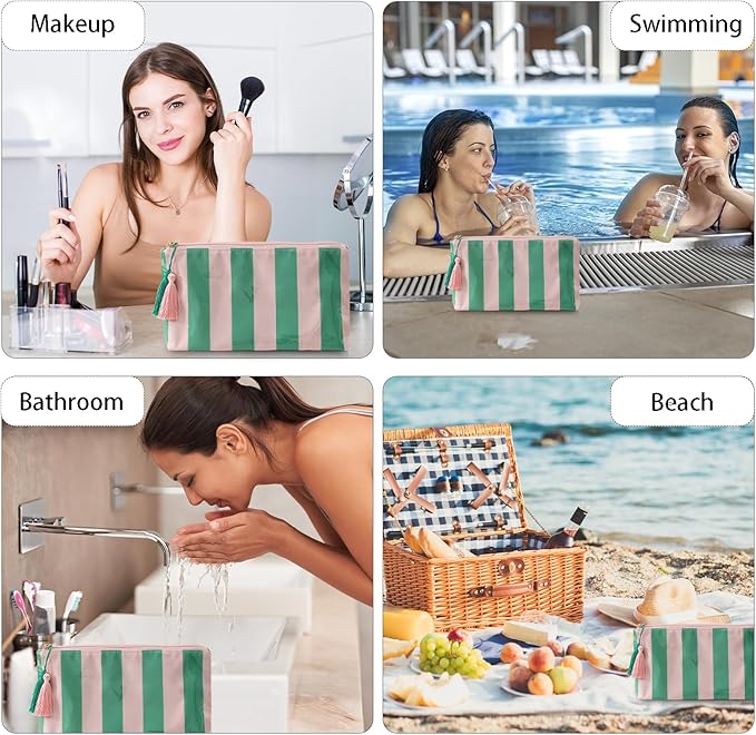 DYSHAYEN Makeup Bags for Purse,Small Clear Coated Cosmetic Bags for Women Girls, Waterproof Travel Organizer Zipper Pouch Beach Vacation Essentials (Pink-Green)