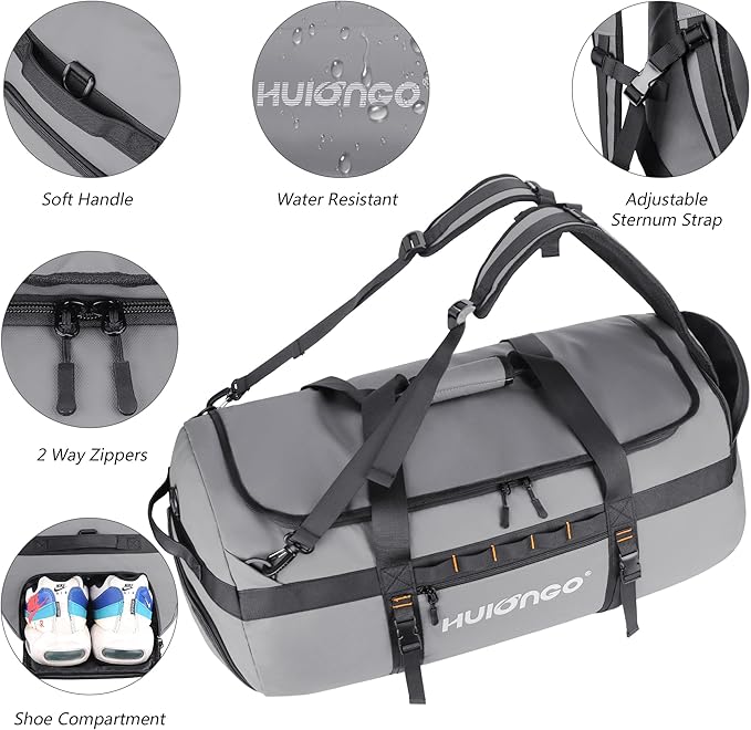Hulongo 40L/60L/90L Large Waterproof Duffle Bag Backpack for Men, Mens Duffel Backpack Bags for Traveling, Heavy Duty (Grey, 40L)