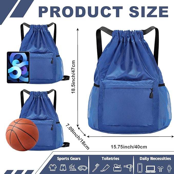 Tygelluis Drawstring Backpack, Waterproof Gym Bag with Water Bottle Pocket for Women Men, Pull String Sport Bag for Swim, Soccer and Basketball, Royal Blue