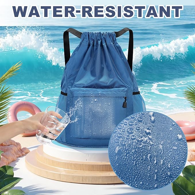 Tygelluis Drawstring Backpack, Waterproof Gym Bag with Water Bottle Pocket for Women Men, Pull String Sport Bag for Swim, Soccer and Basketball,Blue