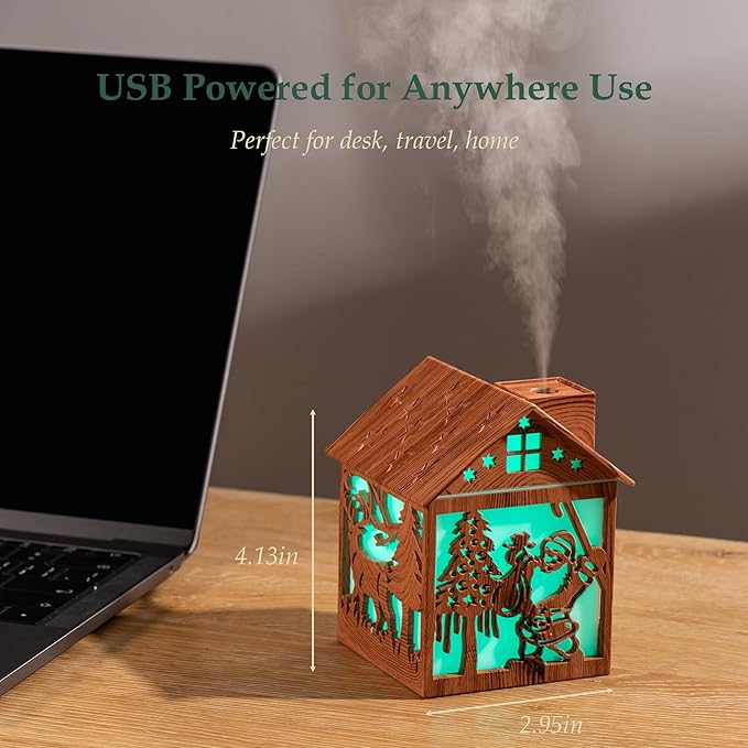 Mini Christmas Humidifier, 240ml Cool Mist Wooden House Humidifier with Santa Silhouette, 7-Color LED Lights, USB Powered, Quiet & Auto Shut-Off for Bedroom Home Office (Light Wood)