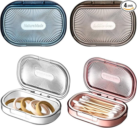 Kigley 4 Pcs Hair Tie Container Small Portable Travel Cotton Swab Holder Dispenser with Lid Plastic Box Storage Containers for Small Items, 3.94 x 2.76 Inch (4 Colors)