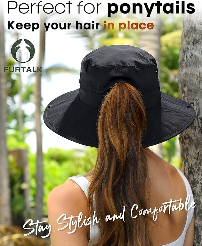 FURTALK Sun Hats for Women Ponytail UPF 80+ Beach Summer Hat Wide Brim Packable Cowboy Hat