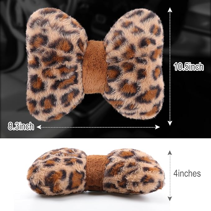 Macarrie 2 Pcs Car Neck Pillow Velvet Bow Headrest Pillow Soft Comfortable Seat Neck Support Cute Bow Car Accessories for Driving Travel Driver Chair Girl Style Interior Decor (Leopard)