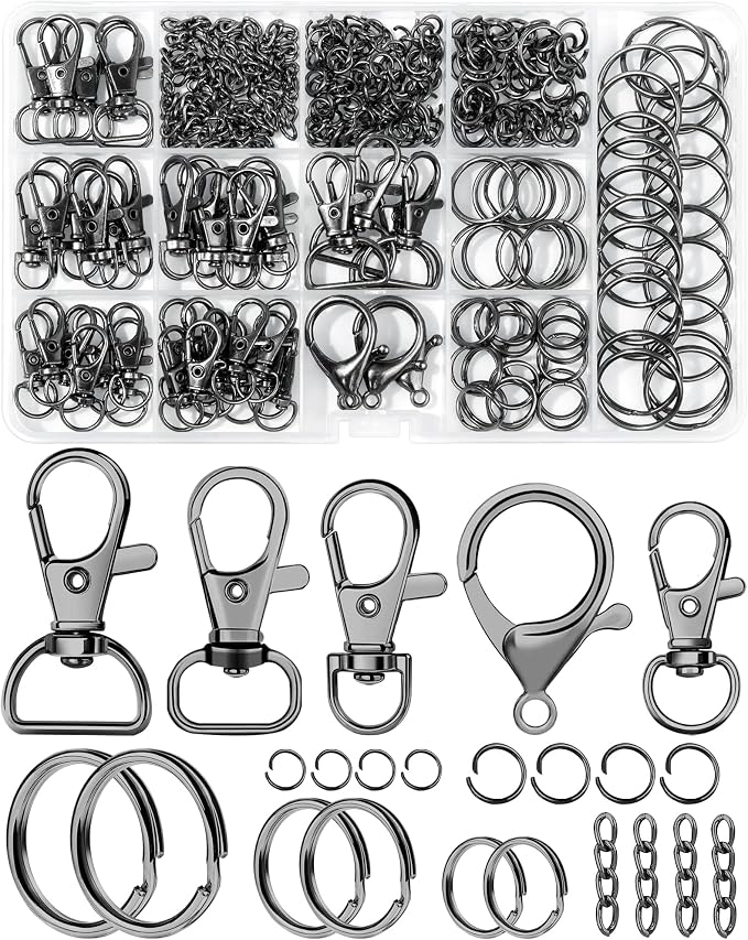325PCS FIVEIZERO Keychain Making Kit - Keychain Clips with Key Ring, Lobster Claw Clasp, Swivel Snap Hook, Jumprings & Extender Chain for Crafts, DIY Projects & Purse Making Supplies (Black)