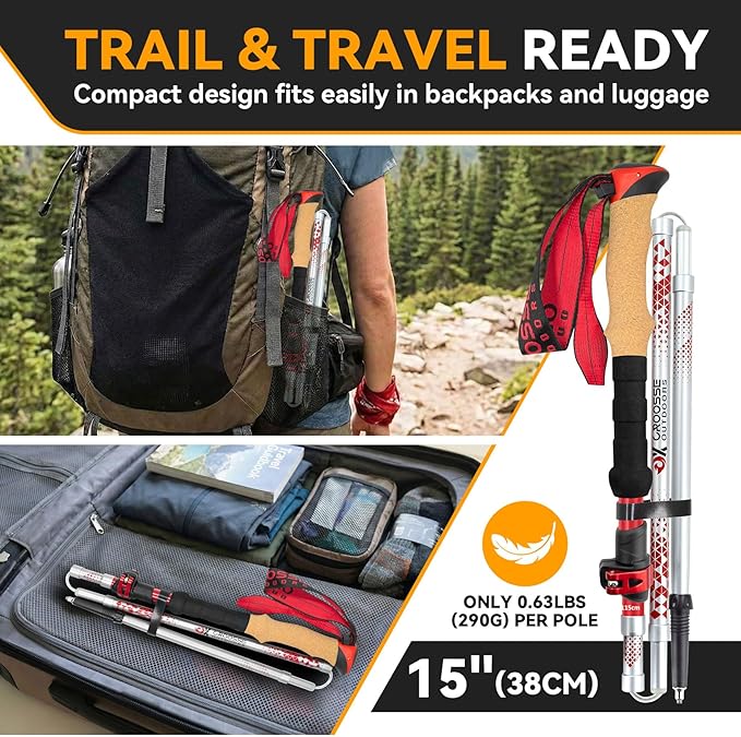 Collapsible Trekking Poles for Hiking - Lightweight Adjustable Aluminum Folding Hiking Poles, Cork Grip Walking Sticks for Seniors, Women & Men (2 Pack)