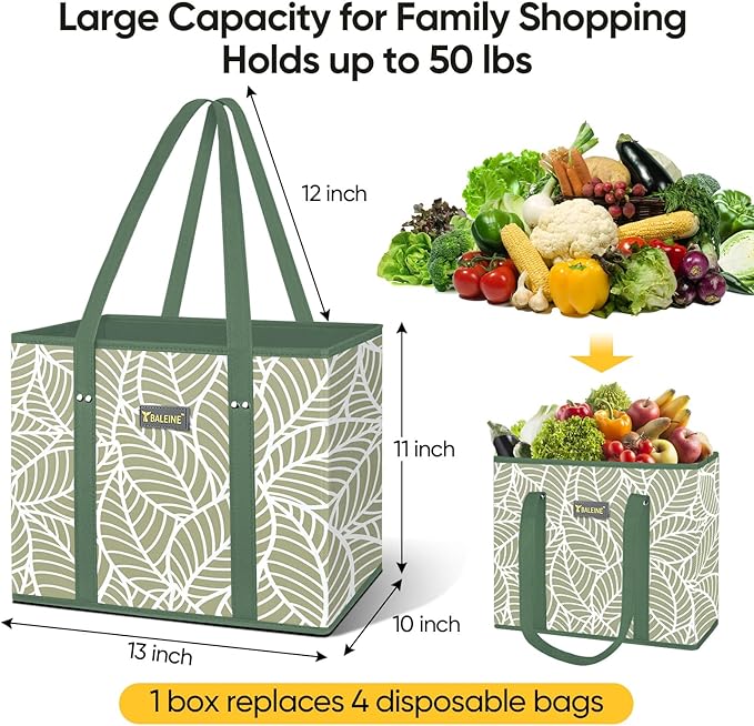 BALEINE 6Pk Reusable Grocery Bags, Foldable Shopping Bags for Groceries with Reinforced Bottom & Handles (Antique Foliage)