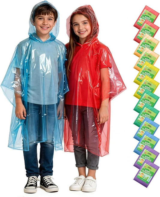 Hitituto Rain Ponchos Family Pack Kids– 6/12/24 Pack Disposable Poncho with Hood, Clear & Assorted Colors, Home Survival Kits