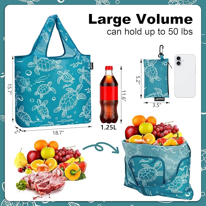 HOLYLUCK Reusable Grocery Bags,Heavy Duty Foldable Shopping Tote Bag (Standard, 3 Ocean Life)