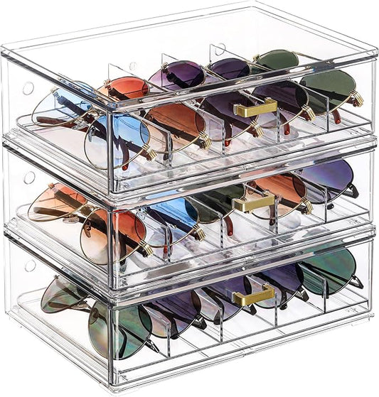 LALOBLUE Clear Acrylic Sunglasses Organizer, Stackable Eyeglass Storage Case with Gold Handles, Glasses Display Holder