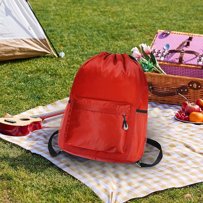 Waterproof Drawstring Bag, Lightweight String Backpack with Water Bottle Holder and Pockets, Gym Sports Cinch Sackpack (Red)