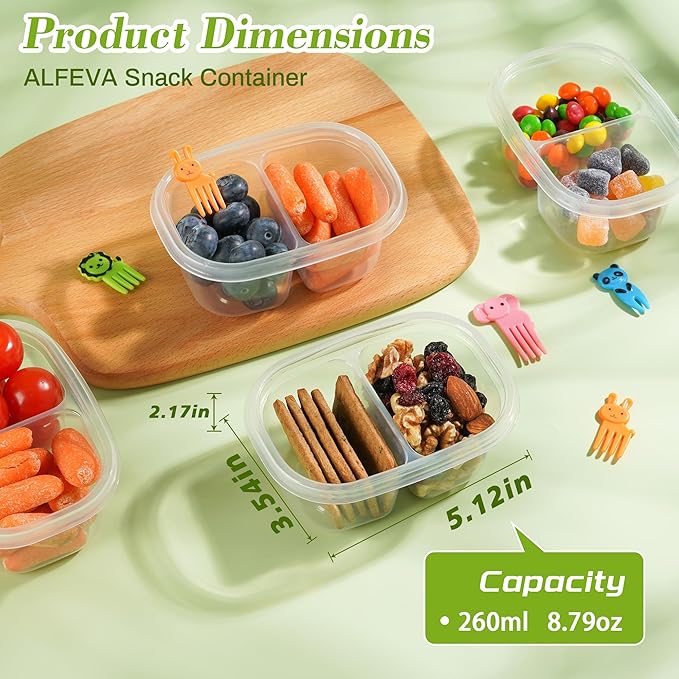 ALFEVA 20Pcs Reusable Snack Containers with Lids Portion Control, Camping Essentials,Meal Prep Containers for Kids Adults, 10 Forks, Double Compartment Snack Containers for Travel (4 Color)