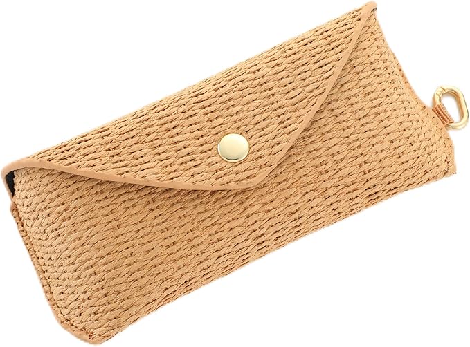 Leinuosen Woven Straw Sunglasses Case with Clip, Hard Shell Boho Rattan Pouch, Portable Travel Beach Accessory for Women Girl