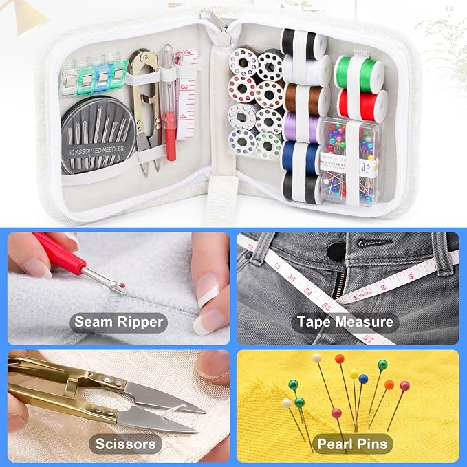 bcooss Sewing Kit for Adults: Portable Sewing Supplies Including Scissors, Threads, Needles, Pearl Pins, Seam Ripper, Tape Measure, Bobbins, Clips - Sewing Machine kit for Beginners Home Travel