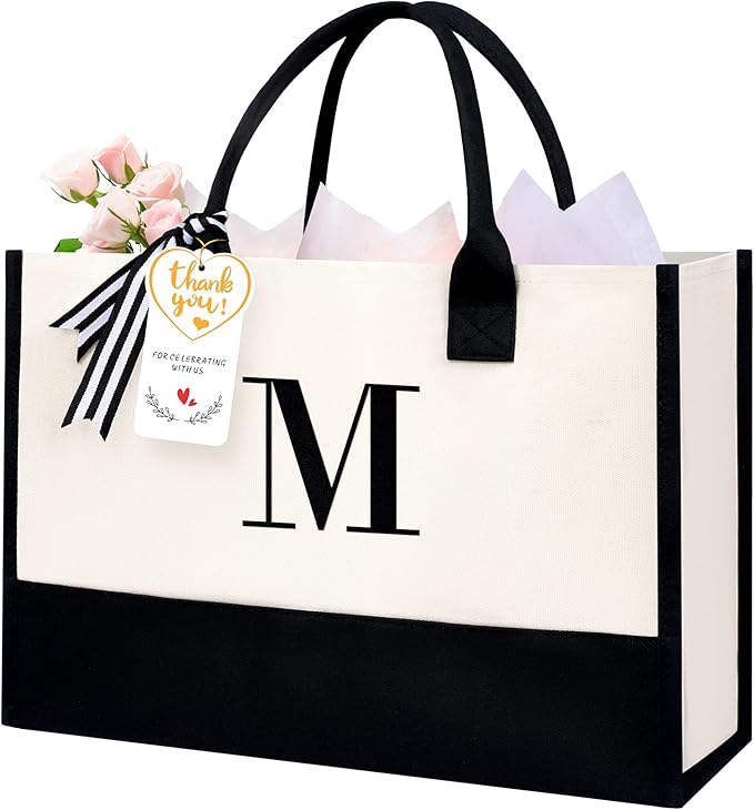 BAGAIL Initial Tote Bag, Personalized Birthday Gifts for Women, Teacher, Friends, Mom, Wedding, Monogrammed Beach Bag