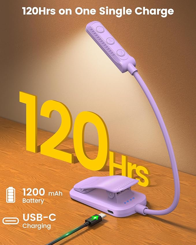 Glocusent 13 LED Rechargeable Book Light for Reading at Night, Eye-Caring 3 Amber Colors & Stepless Dimming, Lasts 1 Week to 2 Months, Travel Clip on Lamp, Gifts for Book Lovers, Men, Women & Kids