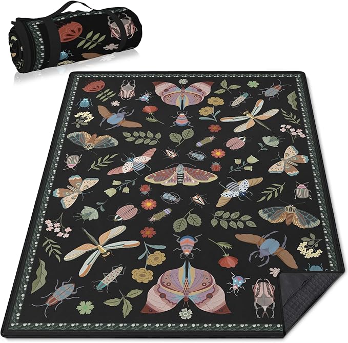 Insect Picnic Blankets Waterproof Foldable, 60″X80″ Packable Picnic Mat Boho Outdoor Blanket for Grass, Large Beach Blanket Sandproof Picnic Accessories for Camping Music Festival Park Lawn Travel