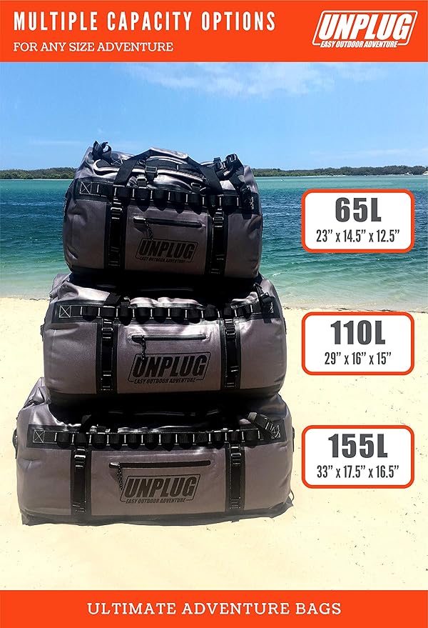 UNPLUG Ultimate Adventure | 1680D Heavy Duty Waterproof Bag | Large Travel Bag which can be Used for Camping, Motorcycling, Boating, or Hunting|110L Storm Grey