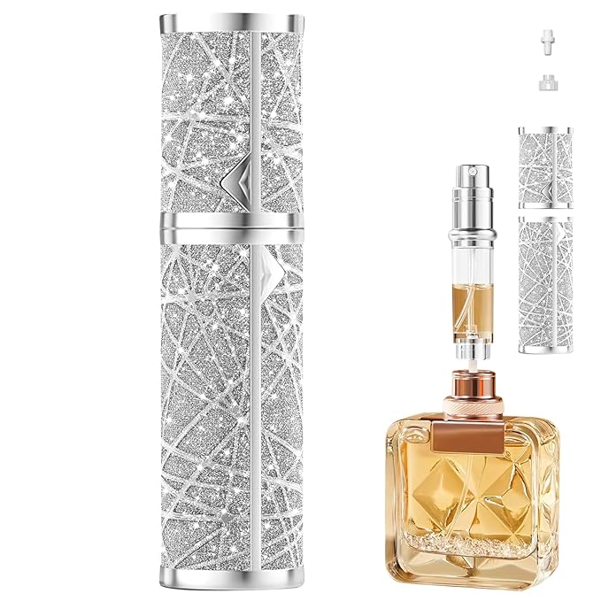 Perfume Travel Refillable Bottle, Cologne Portable Atomizer Fragrance Scent Sprayer with Sparkling Brilliantly, Pump Fill from Bottom Pocket Size 5ml for Travel Essentials & Best Gift(Silver)