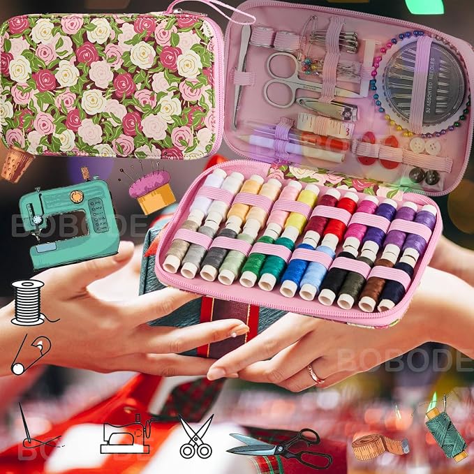 Rose Floral Sewing Kit with 130 PCS Sewing Supplies Accessory,PU Zipper Sewing Needles Set, Professional Travel Sewing Kit for Adults,Emergency, Home