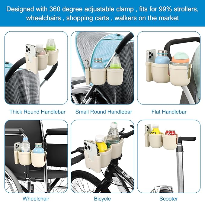 Accmor Stroller Cup Holder with Phone Holder, Bike Cup Holder, Universal Cup Holder for Uppababy Nuna Doona Strollers, 2-in-1 Cup Holder for Walker, Wheelchair, Scooter