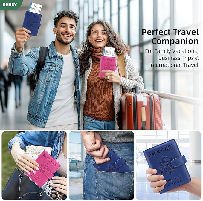 2 Pack Passport Holder for Travel with Slot for Tracker Device & Luggage Tag Cover, RFID Blocking Passport Holder for Women & Men | PU Leather Passport Cover Case with Pocket, Blue & Pink
