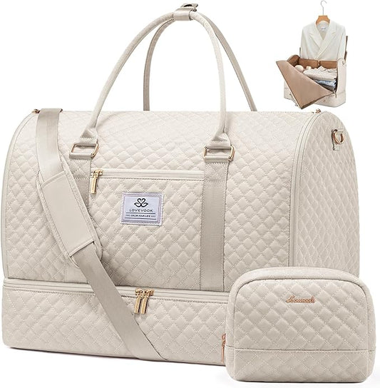 LOVEVOOK Convertible Garment Bag for Travel with Shoe Pouch, Carry On Garment Duffel Bag with Toiletry Bag, 2 in 1 Hanging Suitcase Suit Bag, Weekender Bag for Women Travel, Wedding, Beige