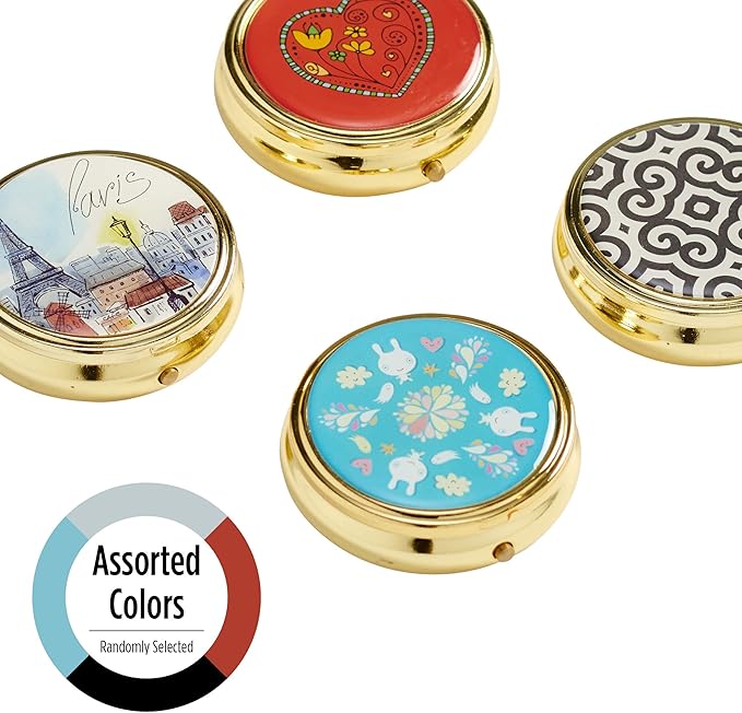 EZY DOSE Fashion Daily Round, Portable On-The-Go Pocket Pharmacy, Pill Box, Organizer and Vitamin Containers, Snap Shut Lids, Perfect For Traveling, Color May Vary, BPA Free