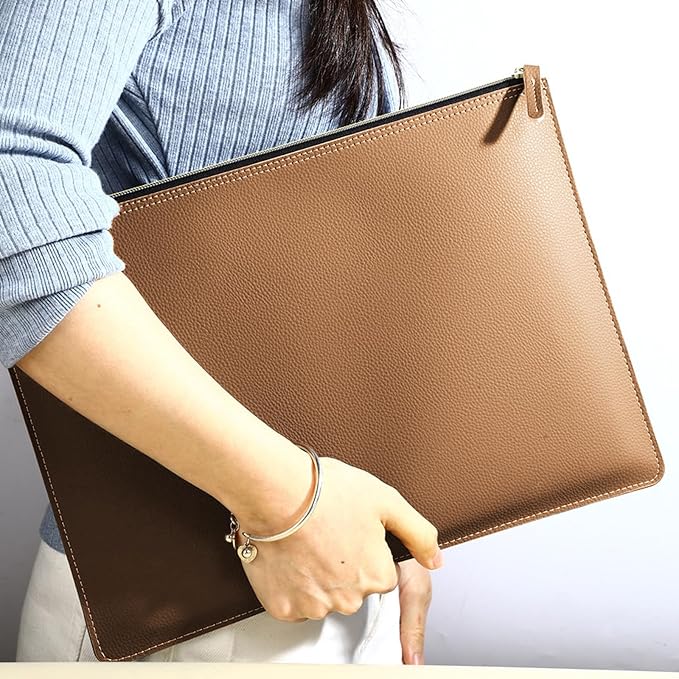 PU Leather A4 File Folder Zipper Document Holder Envelope Folder Case for Receipt Contract (Khaki)