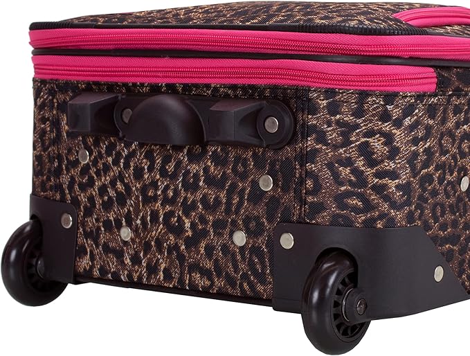 Rockland Fashion Softside 4 Piece Luggage Set, Expandable, (14" Tote/19"/24"/28"), Pink Leopard