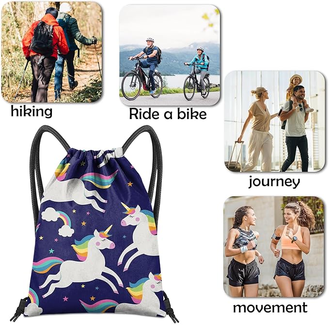 Drawstring Backpack for String Bag Waterproof Cute Sports Beach Swimming Travel (13"×17")-Blue Unicorn