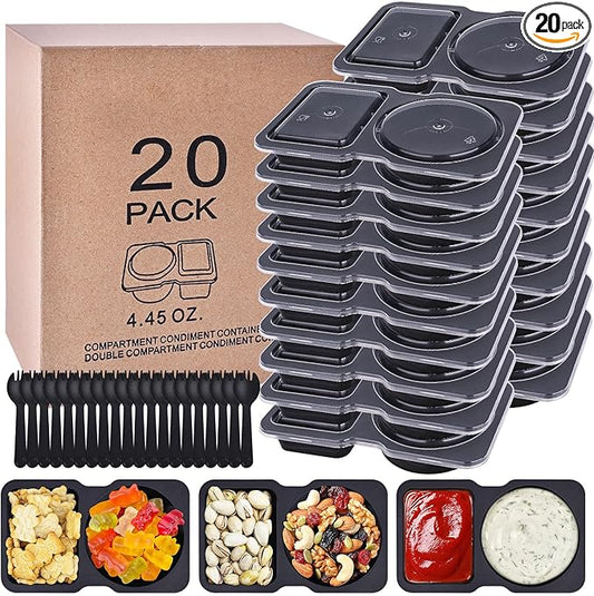 20 Pack Reusable Snack Containers with Lids - Double Compartment Condiment Snack Pack Containers with 20 Forks, Microwave Safe Portion Control Containers for Meal Prep, Take-out, Party & Travel(Black)