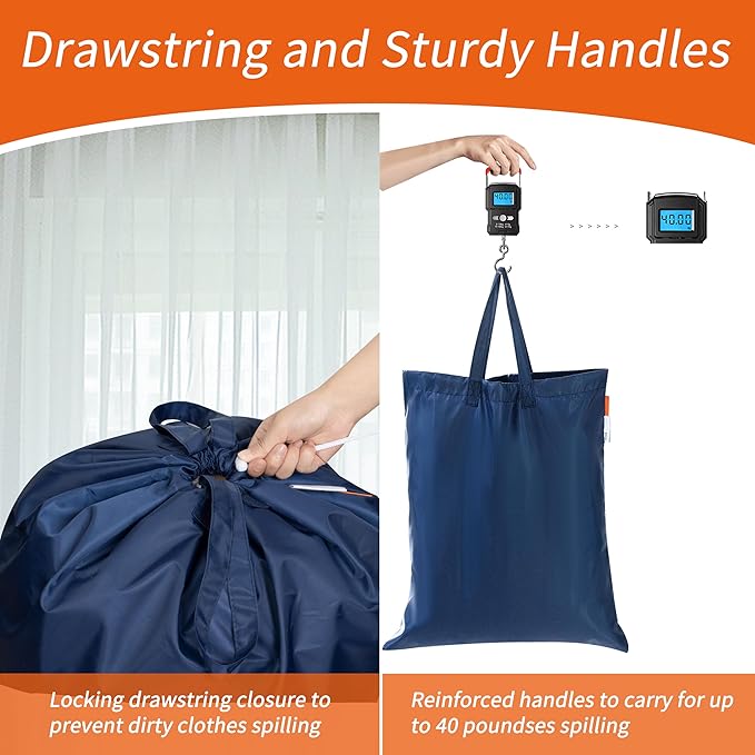Polecasa Extra Heavy-Duty Laundry Bag 21x24”- Machine Washable Small Storage Bag with Reinforced Handles & Drawstring Closure & ID Tag for College Dorm Travel -Navy